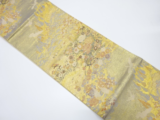 JAPANESE KIMONO / VINTAGE FUKURO OBI / WOVEN FLORAL CART & CRANES